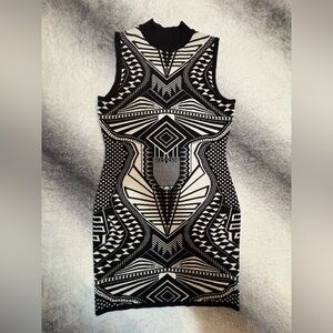 Say What? Black White Print Bodycon Knit Mock Neck Pencil Dress Large L Medium M